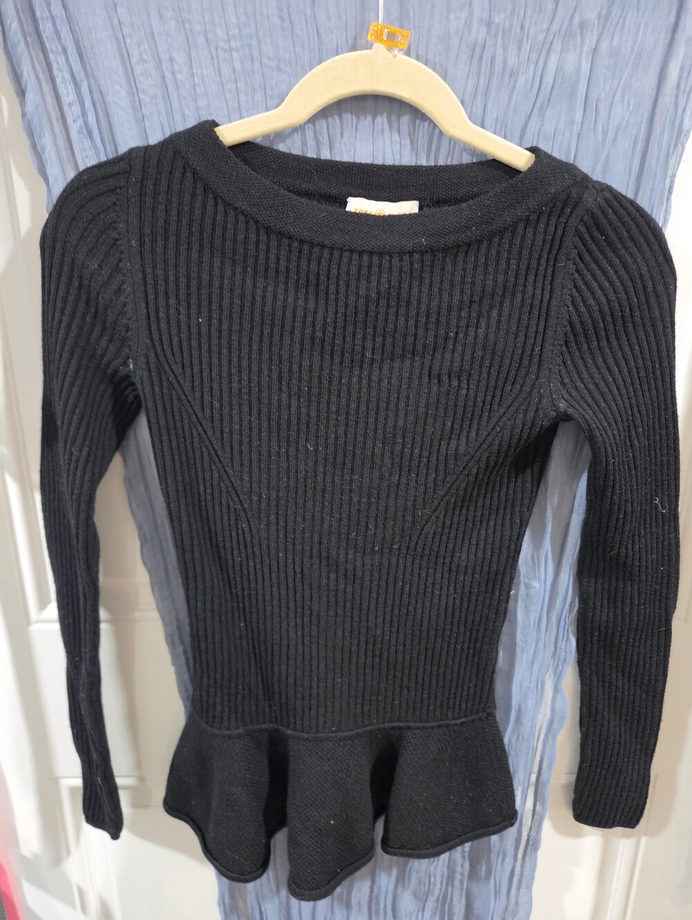 Tory Burch Black Ribbed Peplum Crew Sweater